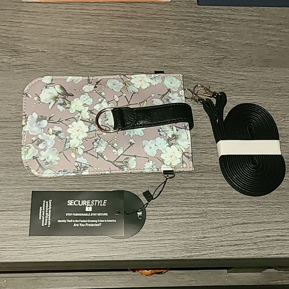 Floral Phone Wallet with Strap - Black and Pink